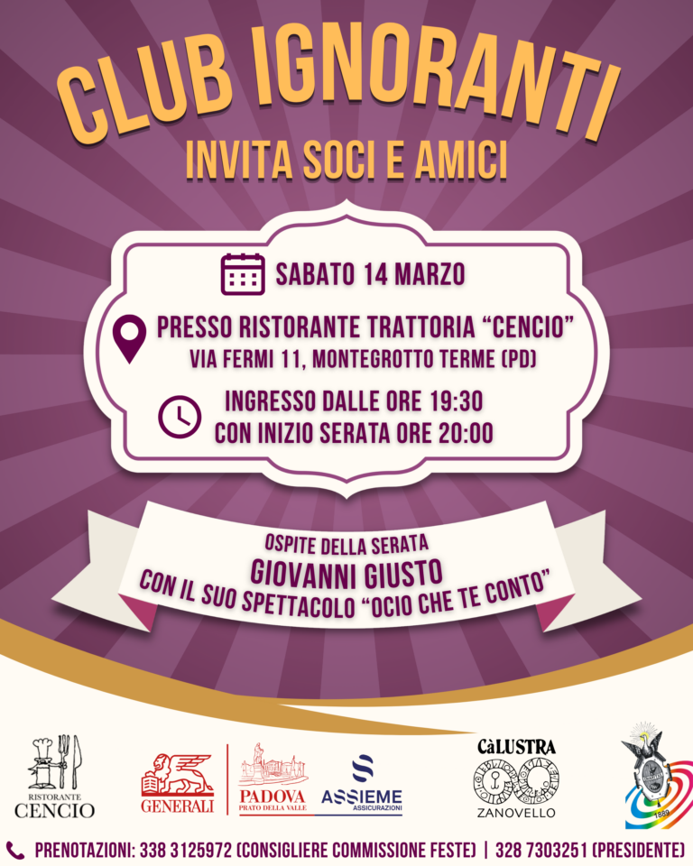 Incontro Sociale 14 Marzo 2026 – Ristorante “cencio” Montegrotto Terme